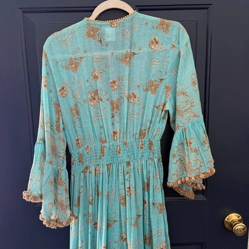 Bohemian Leoni Al Sole by Giacono Cirque Turquoise Beaded Maxi Dress w/ Pom Poms - Picture 11 of 14